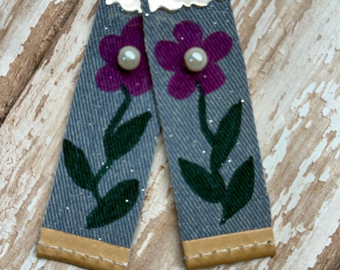 Reclaimed Denim Flower Earrings, Pearl Center, Boho Style, Lightweight Hooks