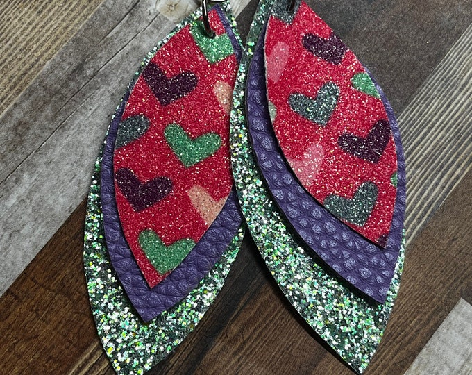 Triple layered faux leather earrings green, purple, pink, lightweight ready to ship.