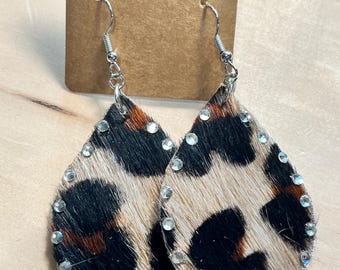 Leopard, leather hair on hide earrings, bling leopard, ready to ship, leather leopard earrings.