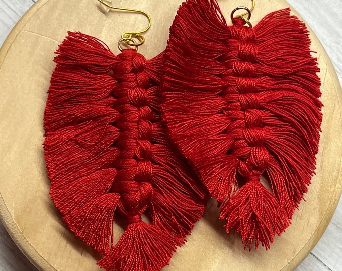 School spirit fringe earrings, red earrings, blue earrings, long thread earrings, feather shaped earrings, school colors, fringe, fall earri