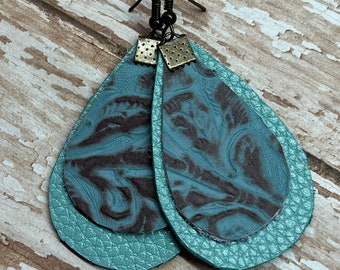 Tooled leather earrings, leather earrings, western earrings, western, southwestern, tooled leather, turquoise earrings.