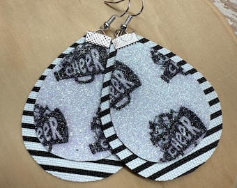 Cheer earrings, double layered stripe cheer earrings, glitter cheer earrings, ready to ship.