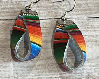 Serape earrings, leather earrings, southwestern earrings, saddle blanket, leather, rainbow, colorful earrings, loop earrings, petite