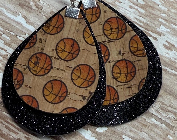Custom cork basketball earrings, pinched or teardrop, glitter layer optional, sports jewelry, basketball earrings.