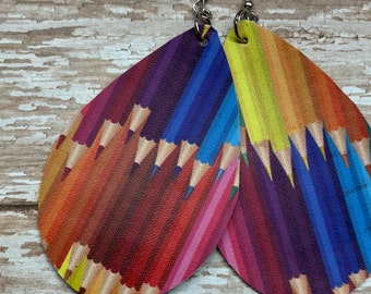Colored pencils earrings, art earrings, color, artsy, teacher earrings, back to school, multicolored teardrop earrings, teardrop earrings.