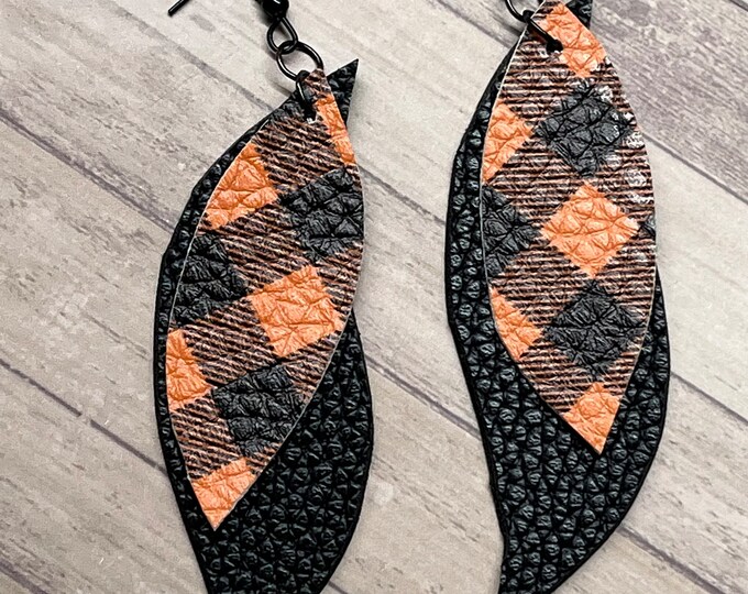 Orange plaid swirl earrings, orange and black earrings