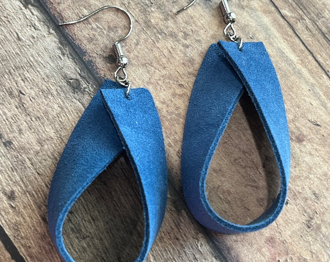 Blue leather loop earrings, leather earrings, blue loops, lightweight unique leather earrings