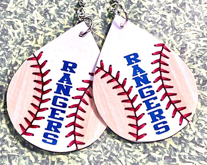 Baseball/softball faux wood customized earrings, personalized earrings, softball jewelry, sports jewelry, baseball jewelry.