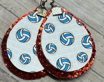 Volleyball earrings, volleyball, sports jewelry, red glitter earrings, volleyball jewelry, custom, team colors, school colors, sports