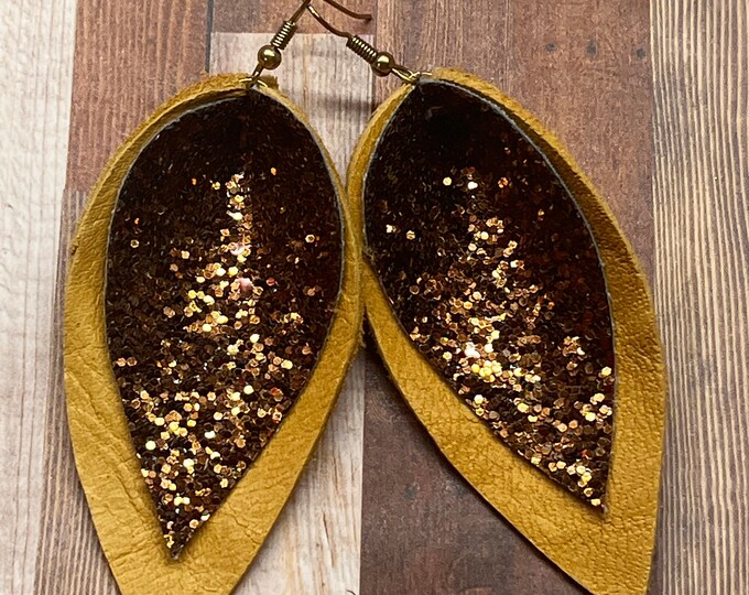 Mustard and brown glitter leaf/pinched style boho earrings, ready to ship, glitter brown, mustard earrings, leather earrings.