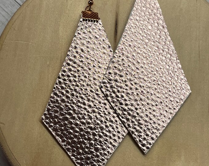 Rose gold diamond shaped earrings,faux leather,  rose gold, double sided, diamond shaped, Rose gold textured, pretty earrings, large diamond