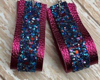 Fuschia leather earrings, leather loops, pink, glitter, leather earrings