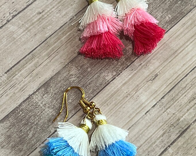 Petite tassle earrings, pink tassels, blue tassels, tassel earrings, tassels, fringe, tri colored tassels