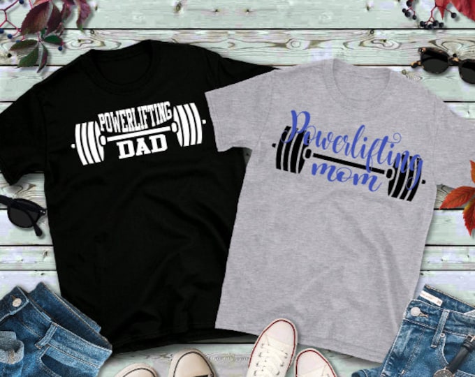 Powerlifting mom and dad customizable tee, powerlifting, dumbell tee, custom sports tee, weightlifting tee, barbell, school sport weightlift