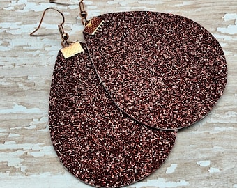 Brown glitter teardrop earrings with zigzag backing, ready to ship, versatile brown earrings.