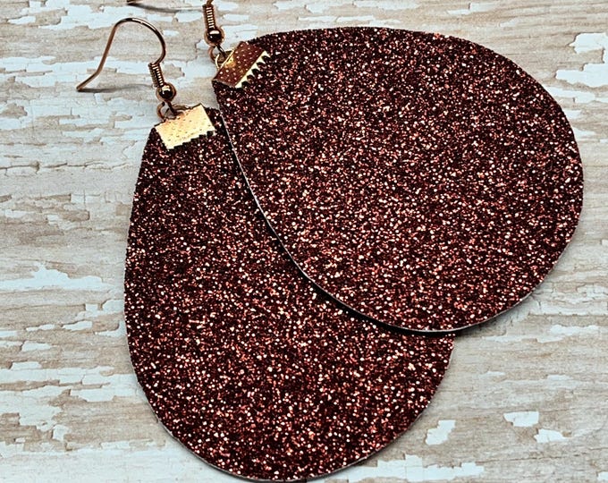 Brown glitter teardrop earrings with zigzag backing, ready to ship, versatile brown earrings.