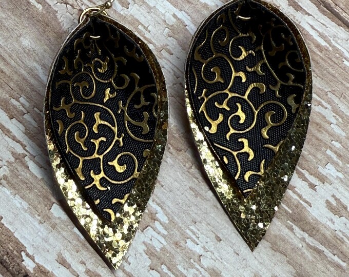 Blqck and gold glitter swirl earrings, pinched style glitter earrings, ready to ship.