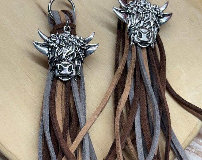 Leather, cow charm western earrings, fringed highland cow earrings.