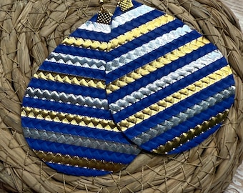 Blue and gold teardrop earrings, team earrings, school spirit earrings.