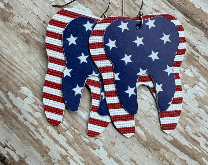 Patriotic Tooth Earrings, Stars Stripes Dental Professional Jewelry