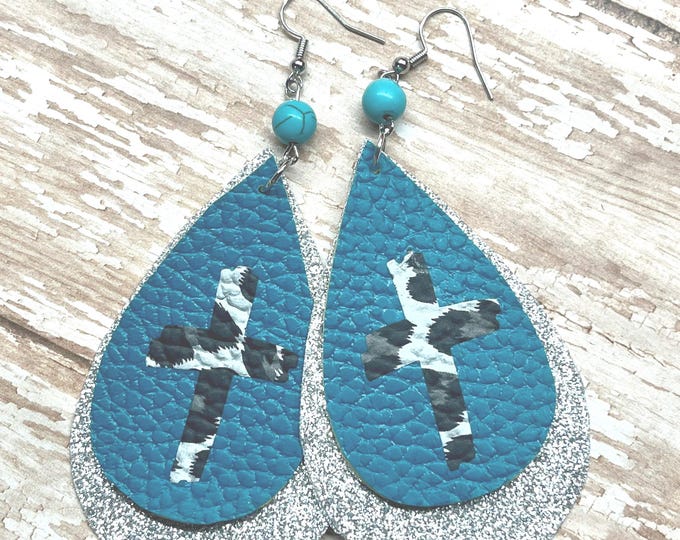 Long dangle teal leopard cross glitter earrings, boho cross earrings, teardrop layered earrings.
