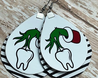 Grinch earrings dental, medical, holiday tooth, nurse, doctor, Christmas earrings, grinch hand, grinchy, made to order earrings.