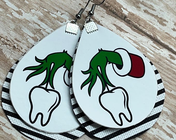 Grinch earrings dental, medical, holiday tooth, nurse, doctor, Christmas earrings, grinch hand, grinchy, made to order earrings.