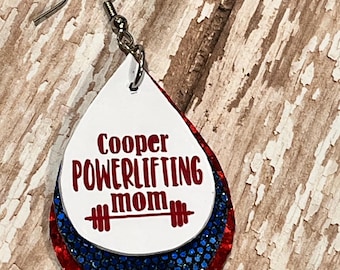 Custom, personalized powerlifting earrings, team, mascot weightlifting earrings.