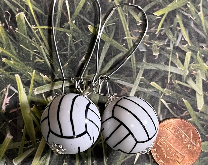 Volleyball earrings, sports earrings, sports jewelry, volleyball, bubble gum bead volleyball, dangle bead earrings.