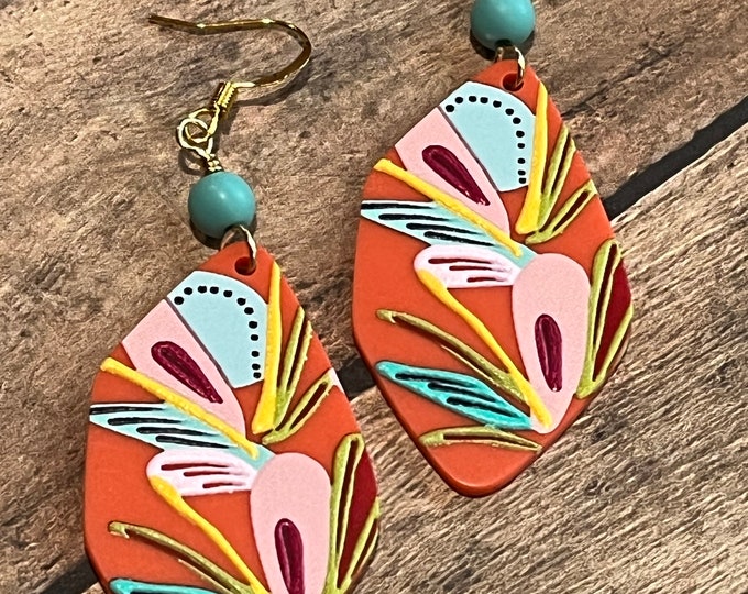 Floral earrings, orange shaped fun earrings, ready to ship, cute, different turquoise bead earrings.