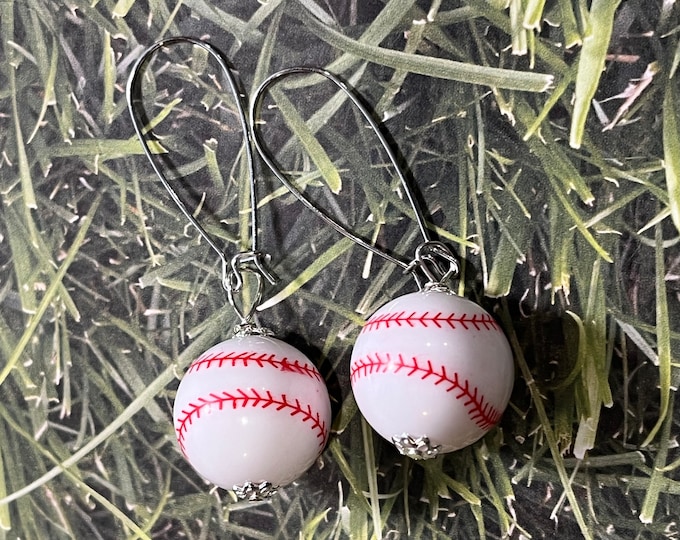Baseball dangle earrings, baseball bead earrings