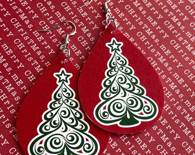 Simple Christmas tree earrings, Christmas, holiday earrings, tree earrings, red and green earrings, holiday tree, swirl Christmas tree