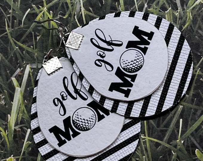 Golf mom earrings, customized, personalized gold earrings, multi layered, faux leather, sports jewelry, golf jewelry.
