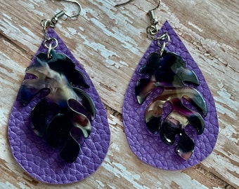 Purple leaf earrings, leaf charm earrings, purple earrings, teardrop earrings