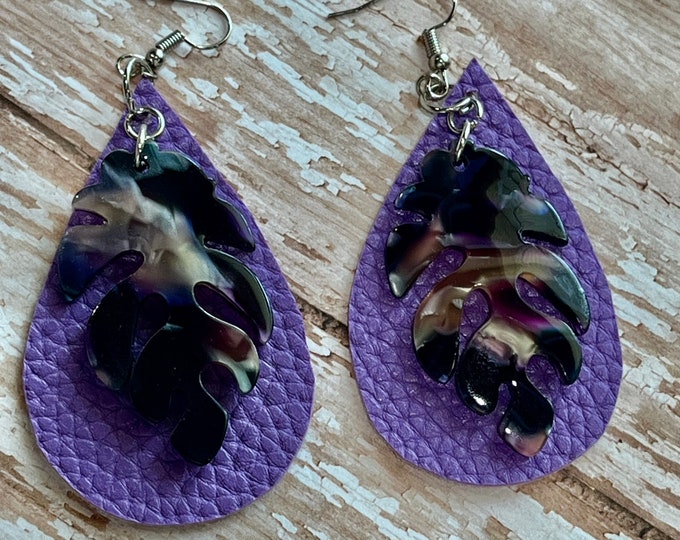 Purple leaf earrings, leaf charm earrings, purple earrings, teardrop earrings