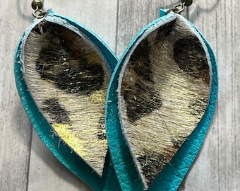 Leather earrings, hair on leopard and turquoise leather earrings, pinched style, leopard, hair on, turquoise, western, boho leopard