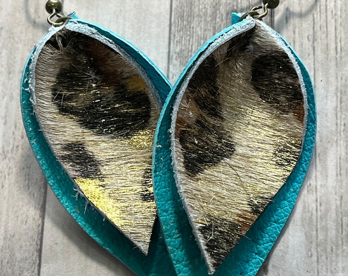 Leather earrings, hair on leopard and turquoise leather earrings, pinched style, leopard, hair on, turquoise, western, boho leopard