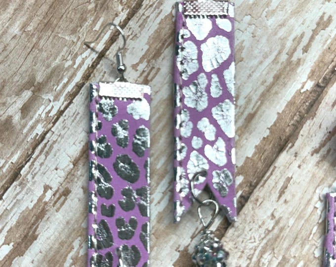Reclaimed Pink Leopard Bar Earrings, Silver Glitter Backing, Nickel Free Hooks