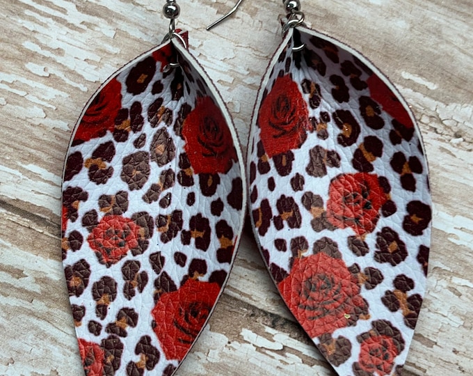 Leopard and rose pinched, petal earrings, leopard earrings, red rosé earrings, teardrop, swirl earrings.
