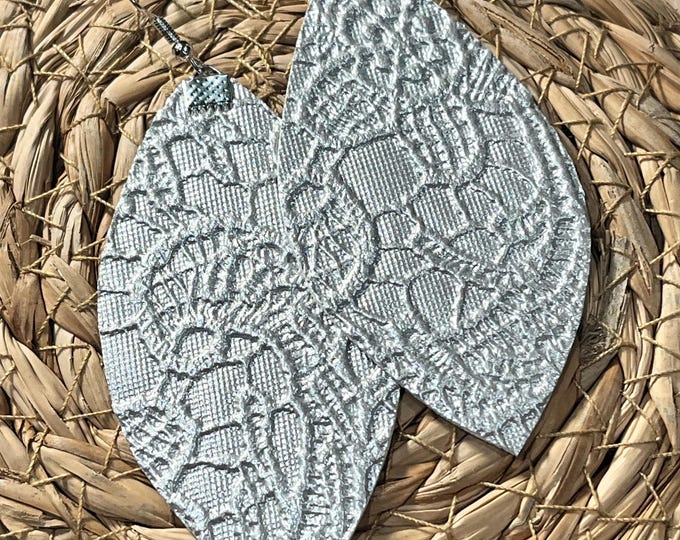 Lace style faux leather mustard earrings, silver lace earrings, teardrop earrings, oval and diamond shaped earrings faux lace.