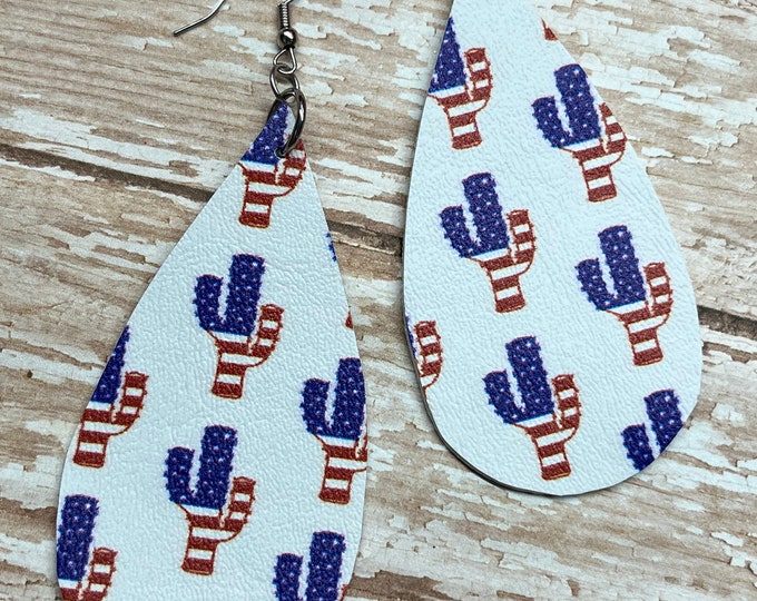 Cactus earrings, patriotic earrings, Stars and Stripes earrings, red, white, blue cactus, cactus shape, teardrop earrings.