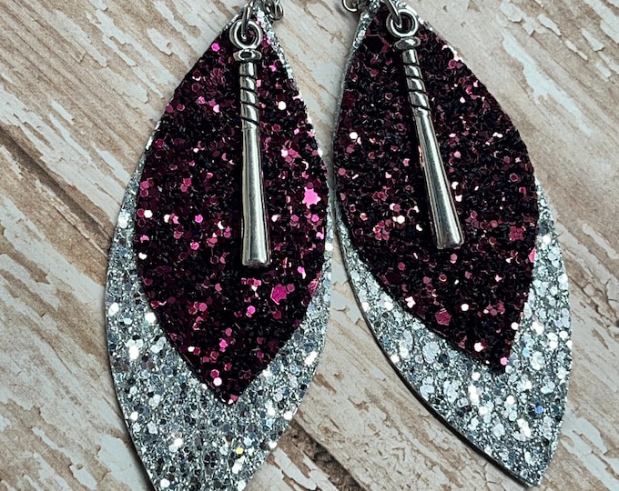 Baseball earrings! Maroon & silver earrings with a baseball/siftball bat, sports earrings, baseball jewelry, glitter oval baseball earrings
