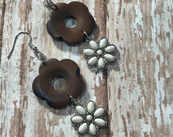 Flower, brown dangle, earrings, wood dangle earrings with white flower.