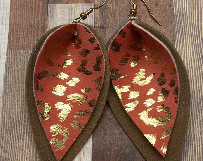 Pink and gold leopard, with brown leather pinched style boho earrings, trendy, super cute, ready to ship.