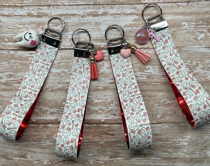 Dental Wristlet Keychain, Pink Bow Tooth Faux Leather Accessory