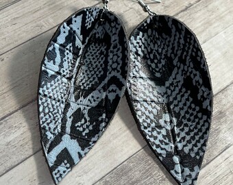 Leather snake print gray and black earrings, leather earrings, snake print