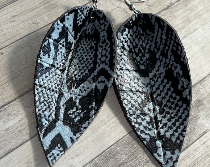 Leather snake print gray and black earrings, leather earrings, snake print