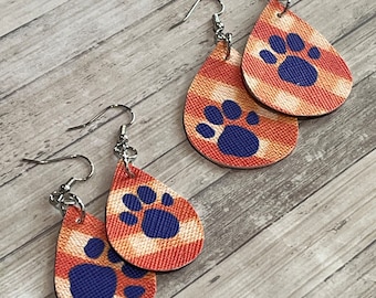 Blue paw earrings, blue paw and orange earrings, mascot earrings, paw prints, orange plaid and blue paw earrings, paws,