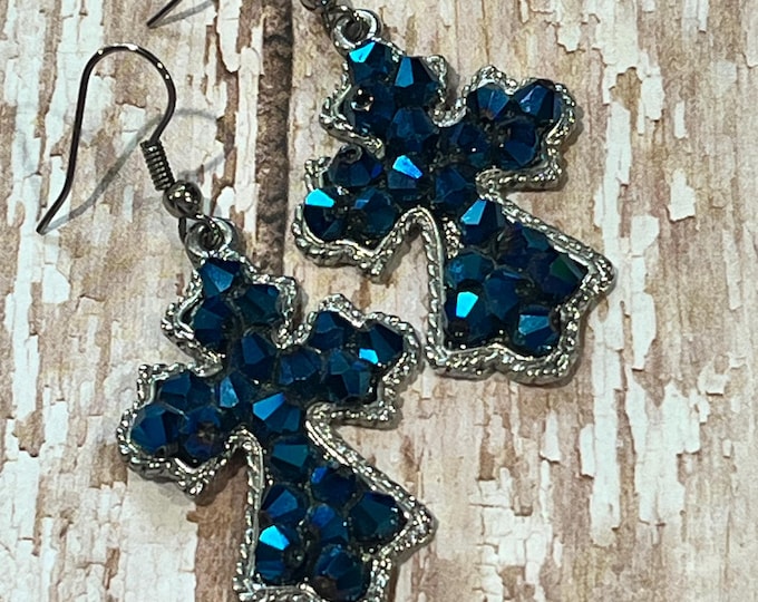 Cross earrings, blue, navy cross bead earrings, blue earrings, Christian earrings, ready to ship.