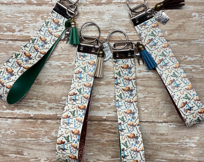 Western Dental Wristlet Keychains, Faux Leather Cowboy Tooth Design